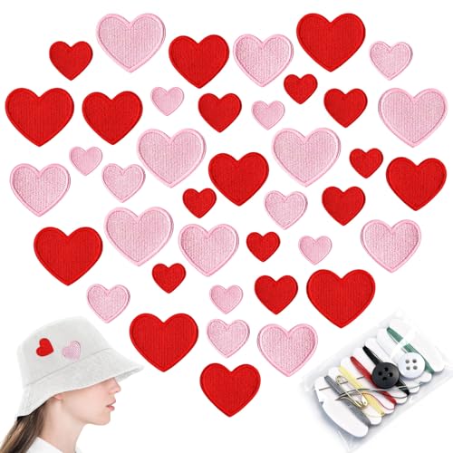 MXCOIRTP 40Pcs Heart Shape Embroidered Iron on Patches Valentines Day Red Pink Hearts Patches Sew/Iron On Heart Applique Patch for Clothing Jackets Jeans Pants Hats Backpacks DIY Repair Decoration