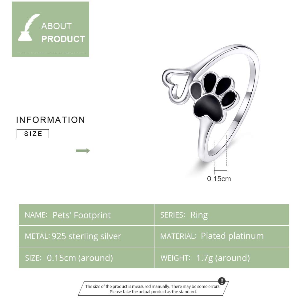 Qings Gato Perro Huella Anillo Ajustables Plata de Ley 925 Anillos Negra Mascota Pata Corazón Anillo Animal Abiertos Navidado Joyería Moda Regalos para Niñas Mujer