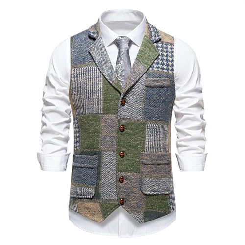 Genérico - Gilet pour homme en tweed à carreaux vintage slim fit avec rabats pour mariage, parrain, costume d'affaires pour automne et hiver, bleu, S