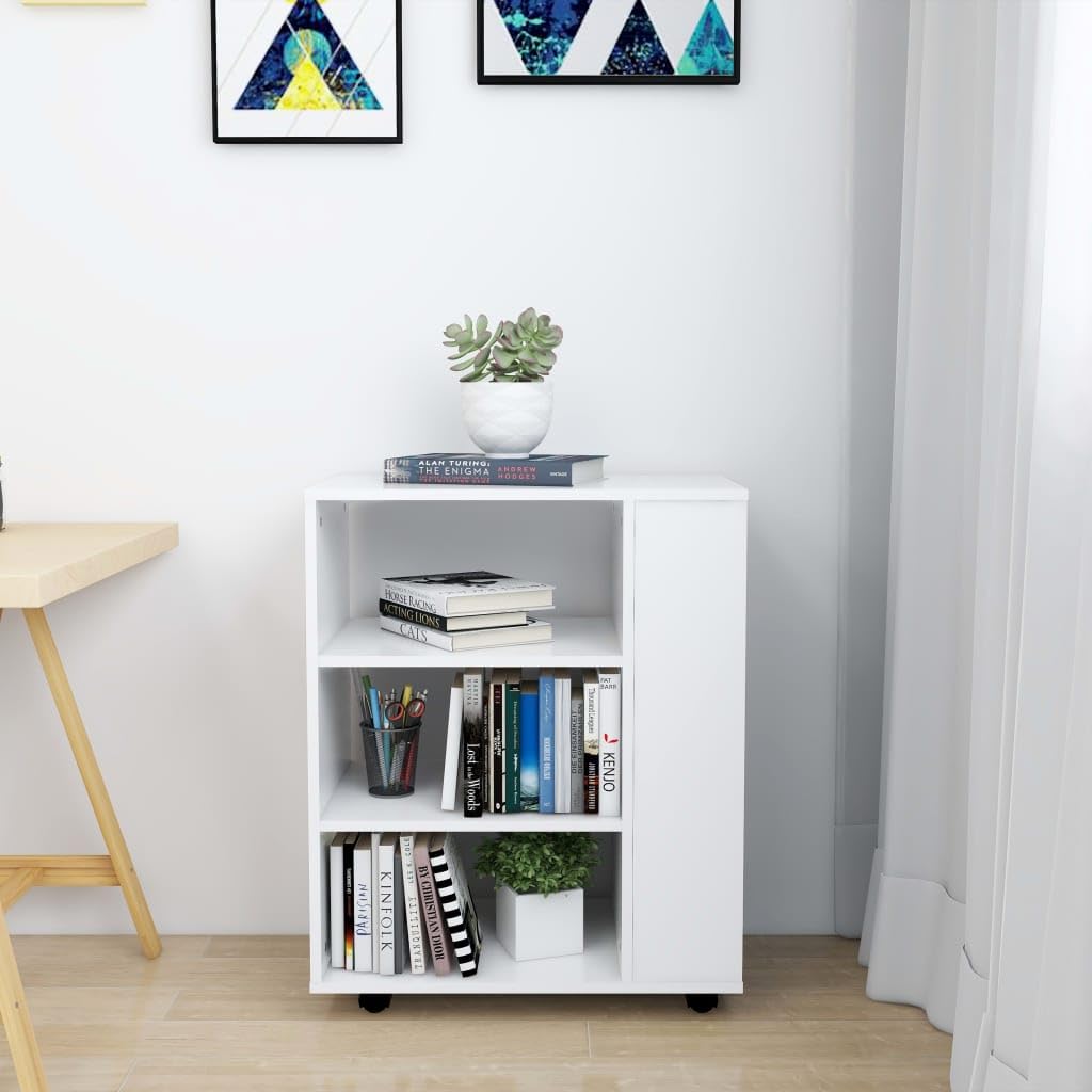 Armadio con ruote in legno bianco, 60 x 35 x 75 cm, con 4 ruote, 2 bloccabili, mobile multiuso per ufficio, soggiorno, camera da letto, spazio e ordine