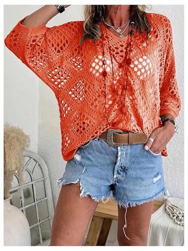 Verdusa Women's Plus Size Hollow Out Sheer Sweaters 3/4 Sleeve V Neck Crochet Pullovers3