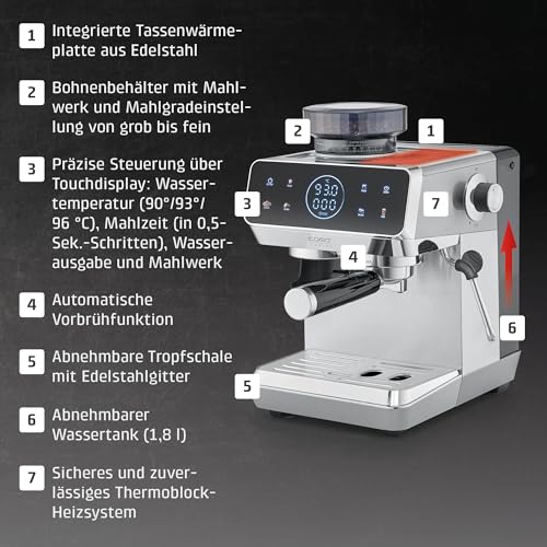 CASO EspressoGourmet & Grind Siebträgermaschine Edelstahl mit Mahlwerk, 20 Bar Ulka Pumpe, Touch-Display, Thermoblock, Vorbrühfunktion, Dampflanze,1,8 l Wassertank, Zubehör