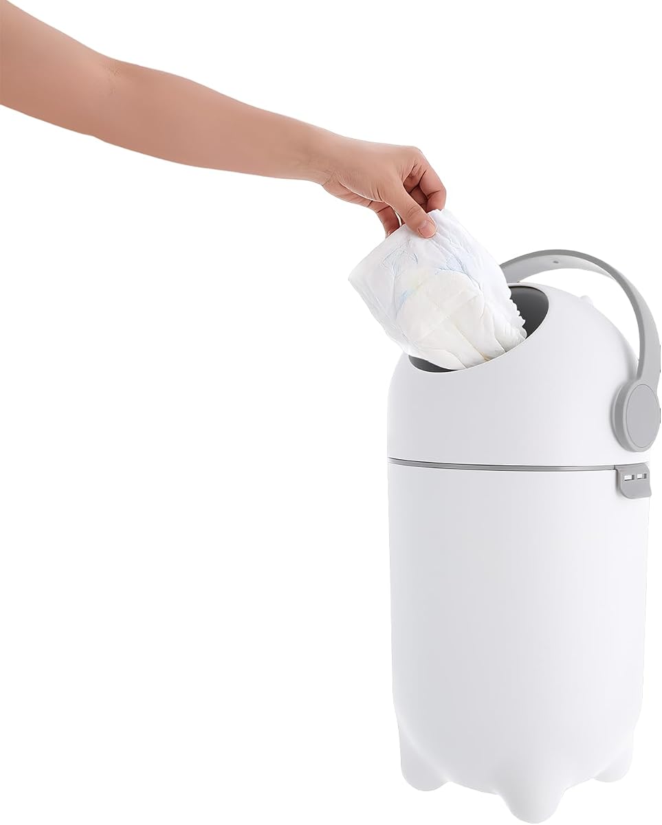 Cubo de pañales con bloqueo de olores y tapa hermética, bote de basura para pañales de bebé de 4 galones, contenedor de PP para guardería con capacidad para hasta 16 pañales, uso con una sola mano, blanco