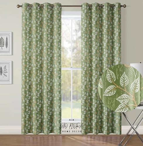 Image of Leaves Curtain Panel for Door 7 ft Set of 2 Window Curtains for Living Room | Premium Floral Curtain Panel | Green Color Curtain 7 feet
