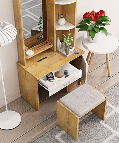 Image of Bniture Wooden Dressing Table for Bedroom with 1 Drawer, Mirror and Huge Storage Space with Stool | Long Dresser Vanity Table with Mirror(40D x 68W x 175H CM) (Giant Wood & Frosty White)