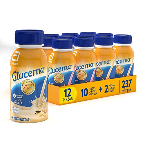 Glucerna - Vainilla 237ml 12 Pack, 10 Vainilla + 2 Fresa, Control de Azúcar, Carbohidratos de Rápida Absorción, con Proteína y Fibra, Vitaminas y Minerales,...
