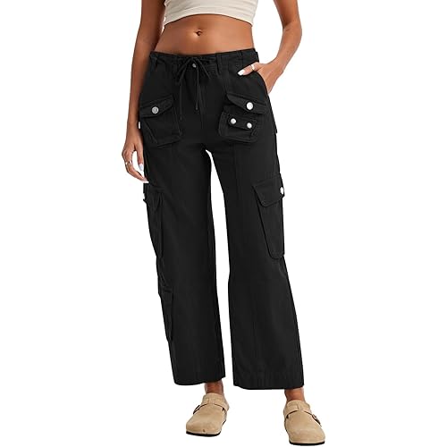 Cargo Pants for Women Low Rise Drawstring Waist 7 Pockets Hiking Work Wide Leg Pants with Zipper Button Closure