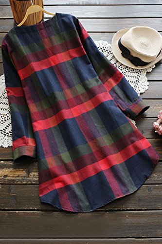 CUPSHE Women's Side Pockets Plaid Round Neck Roll Long Sleeve Casual Dress, M