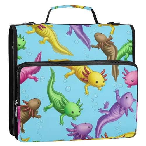 楽しいジッパーバインダーオーガナイザー 1.5インチ 3リングバインダー 高耐久 カラフル アホロートル 海の泡 ブルー ポートフォリオ 500枚収納 中学校バインダーバッグ ストラップ付き