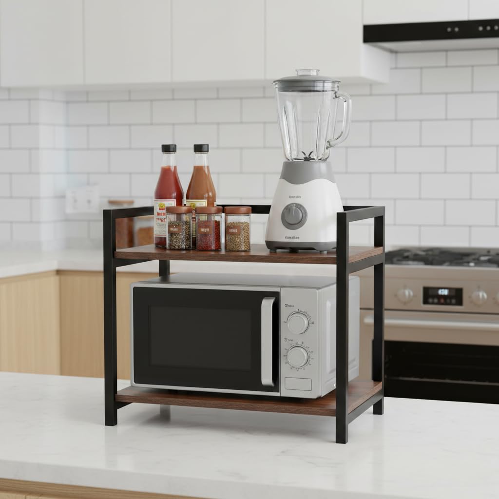 Multipurpose Microwave Stand, 2 Tier Wooden Shelving Additional Storage Kitchen Spice Rack Shelf with Premium Metal Frame for Kitchen,Cabinet,Bathroom,Cosmetics Organizer (B-Brown)