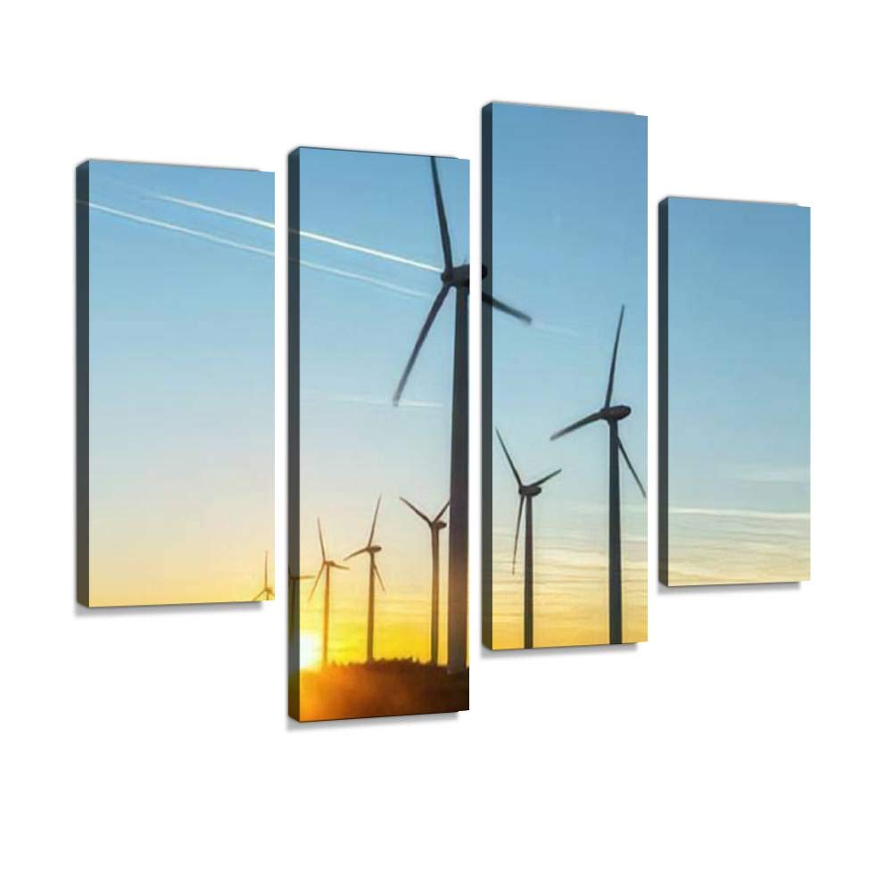 IGOONE 4 Panels Canvas Paintings - Wind Turbines at Dusk Landscape Sunset with Windmills Renewal Source - Wall Art Modern Posters Framed Ready to Hang for Home Wall Decor
