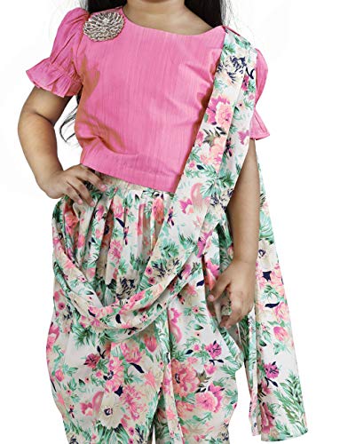 Image of LILPICKS Girls' Georgette Printed Puff Sleeves Top Dhoti Saree Set