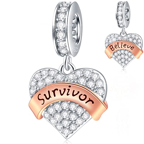 Image of Believe Survivor Heart Pendant Charms in 925 Sterling Silver, fits Pandora Cancer Awareness Bracelet, Clear Sparkle Love Dangle Beads, Gift for Women/Mother/Aunt/Sister