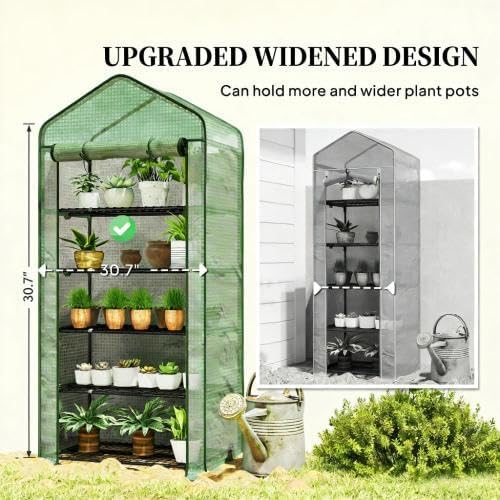 Small Portable Greenhouse, 5 Tier Wire Shelves, Steel Frame, Roll-Up Door, 76x35.4x19.3 Inches, White and Green (Green)