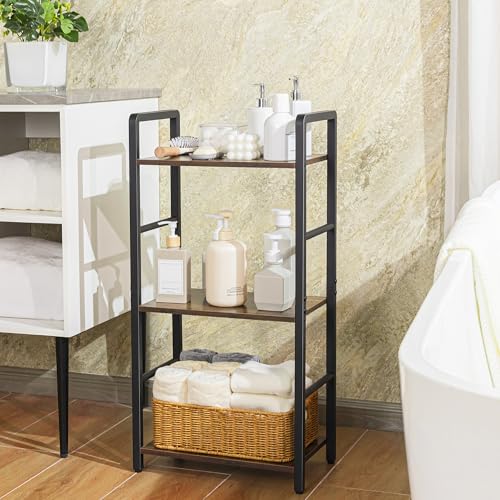 Aquzee 3段浴室 ラック 木と鉄お風呂 シャンプー置き バスルームラック （幅40cm×奥行25cm×高さ80cm）浴室 収納 ボトルラック 省スペース スリム 浴室用 茶色