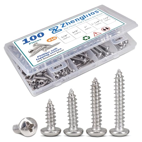 Wood Screw Assortment Kit, 304 Stainless Steel self Tapping Screw 100PCS, Phillips Tips, Screws Set, Screws Assortment,5 Sizes #10?5/8inch?3/4inch?1inch?1-1/4inch?1-1/2inch?