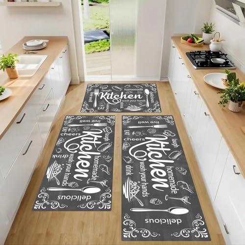 XLHOMO 3-Pack Non-Slip Kitchen Rugs - Grey Farmhouse Cushioned Mats, Washable & Stain Resistant Kitchen Mats for Floors, Laundry, Bathroom, Entryway