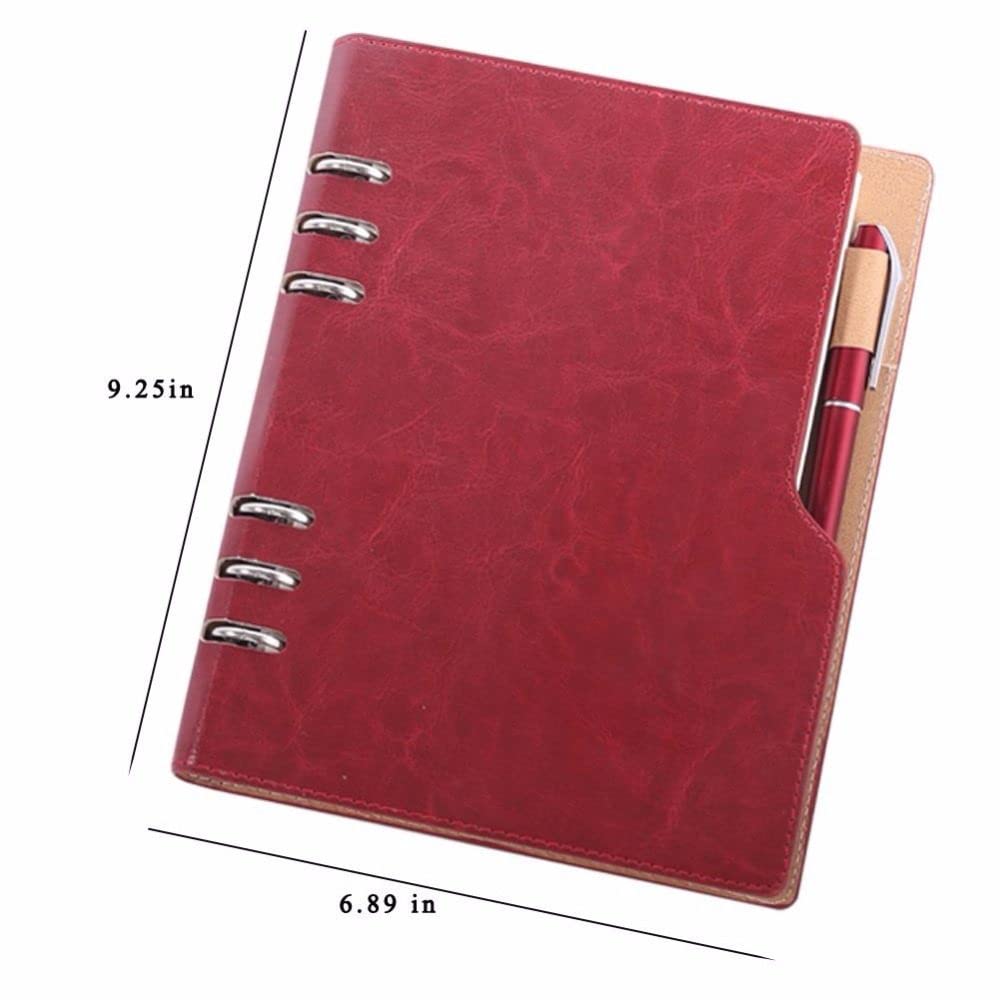 A5 6 anelli in pelle PU fogli sciolti business tondo raccoglitore ad anelli copertina quaderni 90 fogli con una penna esposta inserita, vino, 4 pezzi