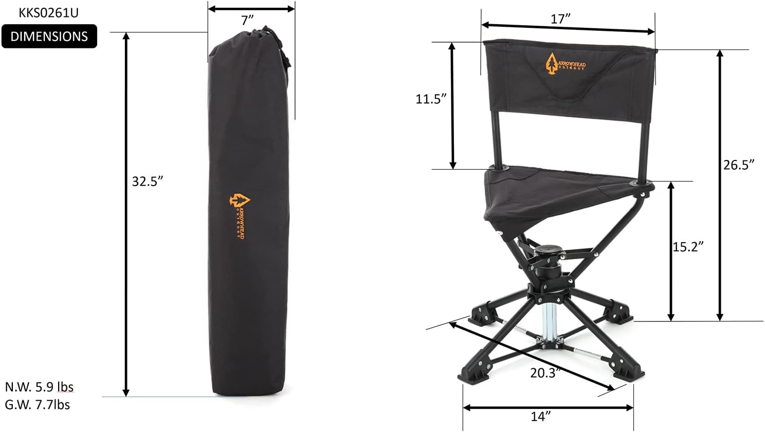 ARROWHEAD OUTDOOR 360° Degree Swivel Hunting Chair Stool Seat, Perfect for Blinds, No Sink Feet, Supports up to 450lbs, Carrying Case, Steel Frame, Fishing, High-Grade 600D Canvas, USA-Based Support : Sports & Outdoors