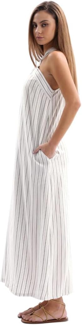 Amazhiyu Women's Linen Striped Halter Sleeveless Maxi Dresses Summer with Pockets - Image 2