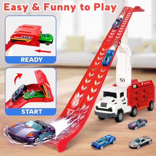 Image of BainGesk Truck Car Toys for 3, 4, 5, 6 Years Old Boys Girls, 25 in Race Track Truck Toys, Foldable 2 Layer Carrier Transport Car with 6 Metal Cars, Birthday Toys Gifts for Toddler