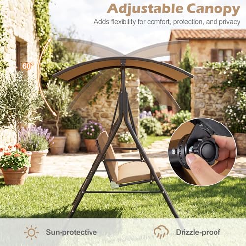 Image of Tangkula 2 Person Porch Swing, Outdoor Swing with Removable Cushions, Solid Metal Structure, Patio Swing with Adjustable Canopy for Garden, Backyard, Balcony, Poolside