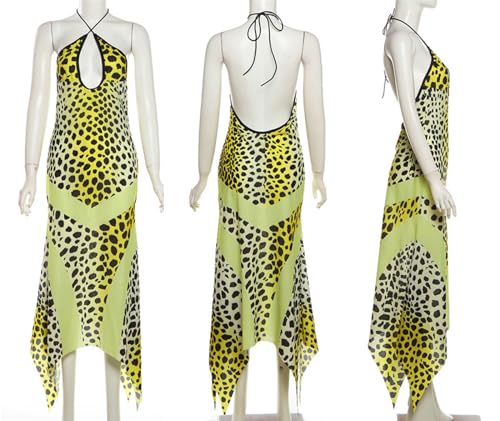 Image of Women's Sexy Halter Backless Leopard Print Maxi Dress Irregular Hem Low Cut Long Dress Party Vacation Dress