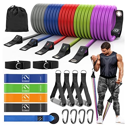 FITINDEX 22 Pcs Resistance Bands Set with Handles, Workout Bands with Door Anchor, Legs Ankle Straps, 5 Exercise Bands Stackable Up to 150lbs for Women Men, Home Training