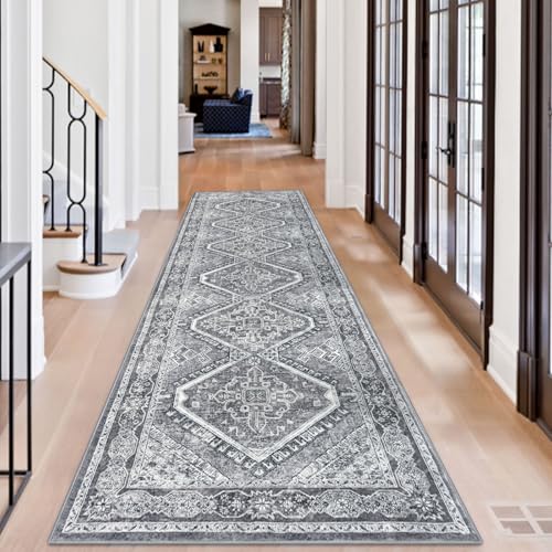 KUTA 3x10 Grey Oriental Area Rug for Living Room, Vintage Washable Kitchen Rugs Non Slip, Ultra Soft Printed Distressed Traditional Medallion Entry Low-Pile Throw Carpet for Bedroom