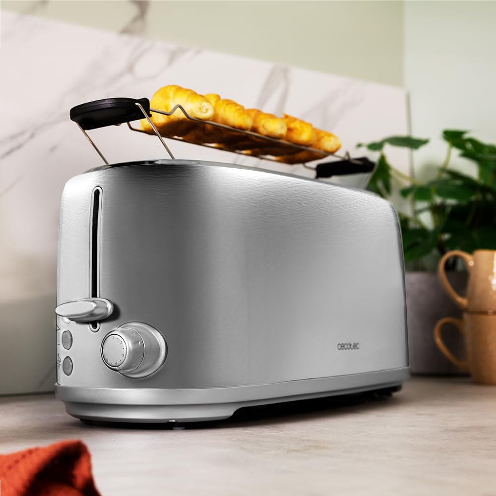 Cecotec Toast&Taste 1600 Retro Double Inox Tostapane, 4 fette, 1630 W, 2 fessure larghe da 3,8 cm e lunghe, in acciaio inox, aste superiori, potenza regolabile, vassoio raccogli briciole