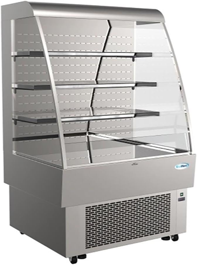 Pemberly Row Silver Open-Air Merchandiser Refrigerator, Stainless Steel, 11.4 cu. ft., Adjustable Shelves, LED Lighting, Double-Pane Glass Sides, Pull-Down Night Curtain, Grab and Go Cooler for