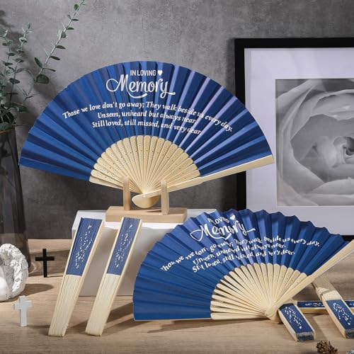 Image of Threehoney 50 Pack Funeral Favors for Guests in Loving Memory Handheld Fans Paper Folding Hand Fan Bulk Funeral Gifts for Services Condolence Sympathy Accessories (Blue)