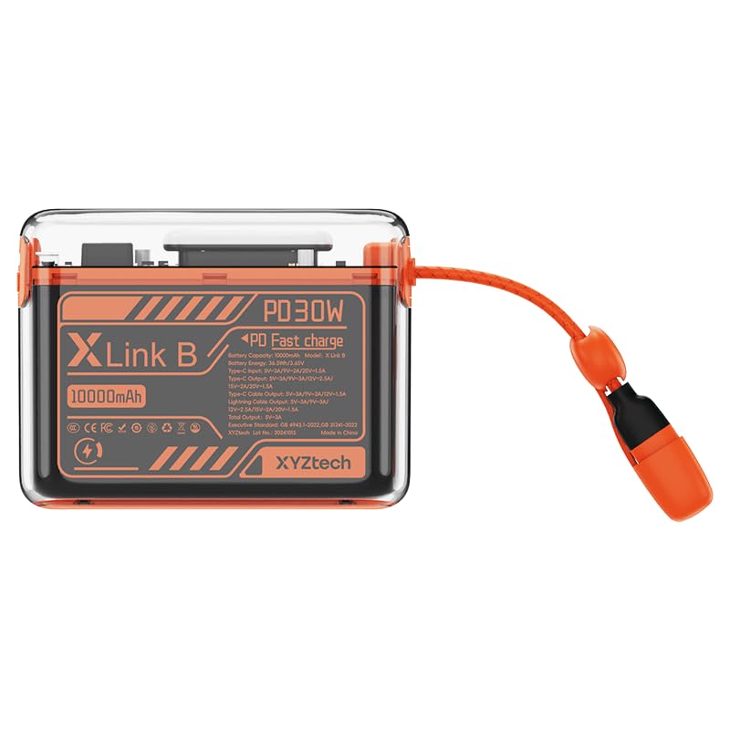 XYZtech X Link B Power Bank - 10000 mAh - Built-in Dual USB-C, iPh Cables and Flashlight, Compatible with iPhone and Samsung, Orange