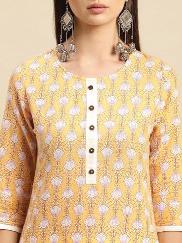 Image of rangita Yellow Cotton Knee Length Printed Straight Kurti for Women | Kurta for Women