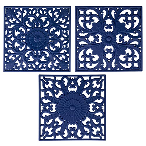 Viwehots Silicone Trivets Mats for Hot Pots and Pans, Square Non Slip Mat for Table Multi-Use Carved Hot Pads and Mats, Flexible Modern Pad Heat Resistant Big Teapot Coaster Set of 3 Blue