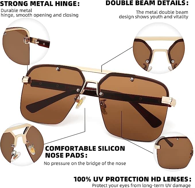 FEISEDY Men Women Trendy Square Pilot Double Bridge Sunglasses Retro Oversized Rimless Gradient Lens Shades B23254