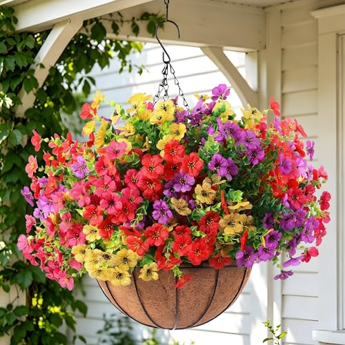 HoYuanFlo Artificial Flowers Hanging Basket with Eucalyptus