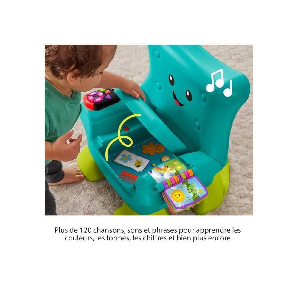 Fisher-Price HYR97 zabawka edukacyjna dla małych dzieci, krzesło edukacyjne, turkusowe, z muzyką i różnymi aktywnościami dla dzieci od 1 roku życia, angielski (UK), francuski, niemiecki, wersja