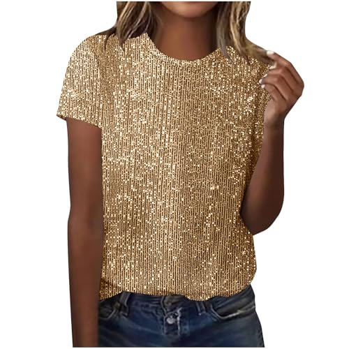 Womens Sequin Tops Sparkly Glitter Shiny Blouse Ladies Elegant Crew Neck Short Sleeve Loose Shirts Party Tank Top Festival Dress Tunic Tee Evening Night Going Out Prom Club Shimmer Christmas XL Gold