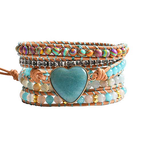 Ygline Boho Handmade Natural Stone Wrap Bracelets Amazonite Crystal Beads Bracelet Jewelry(Heart Amazonite) #TOP10