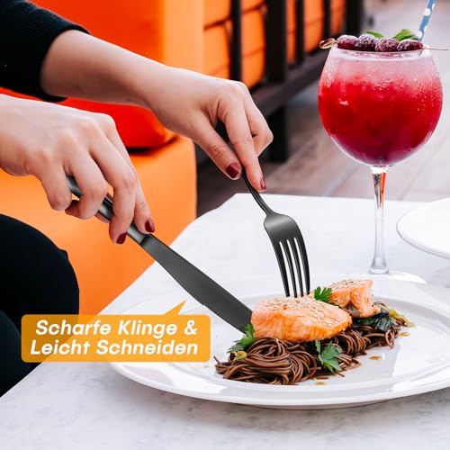 HONKKU Besteck Set Schwarz, 60 Teilig Edelstahl Besteckset für 12 Personen, Essbesteck Set mit Abendessen Messer Gabeln und Löffeln für Zuhause/Restaurant/Party/Bankett, Spülmaschinenfest