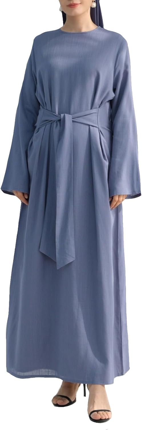 Hanimeli 100% Linen Maxi Dress with Flared Long Sleeves and Tie Belt Modest Dress for Summer