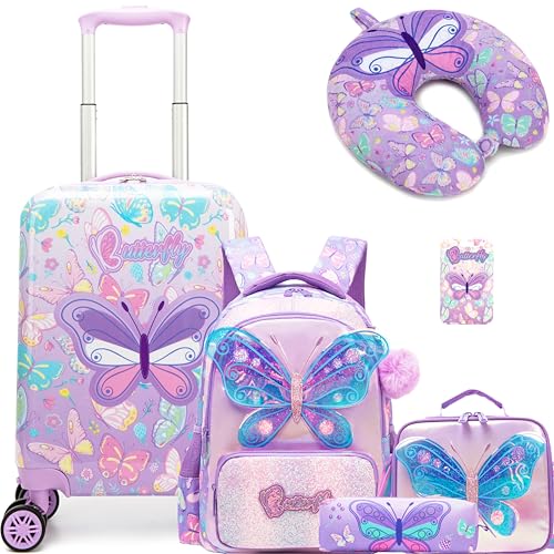 Kid’s Luggage Set 5 Piece Suitcase Set 16’’ Hardside Luggage with Spinner Wheels Girls Carry on Toddler Travel Rolling Suitcase Carry on Luggage Airline Approved