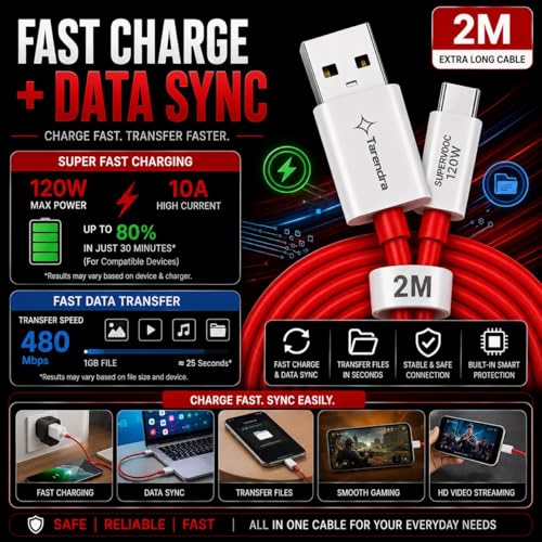 Image of Tarendra 120W 10A USB to Type-C Fast Charging Cable | 1 Meter TPE Data Cable | SuperVOOC Fast Charge & Data Sync | Compatible with OnePlus OPPO Realme Vivo Xiaomi Samsung Type-C Devices