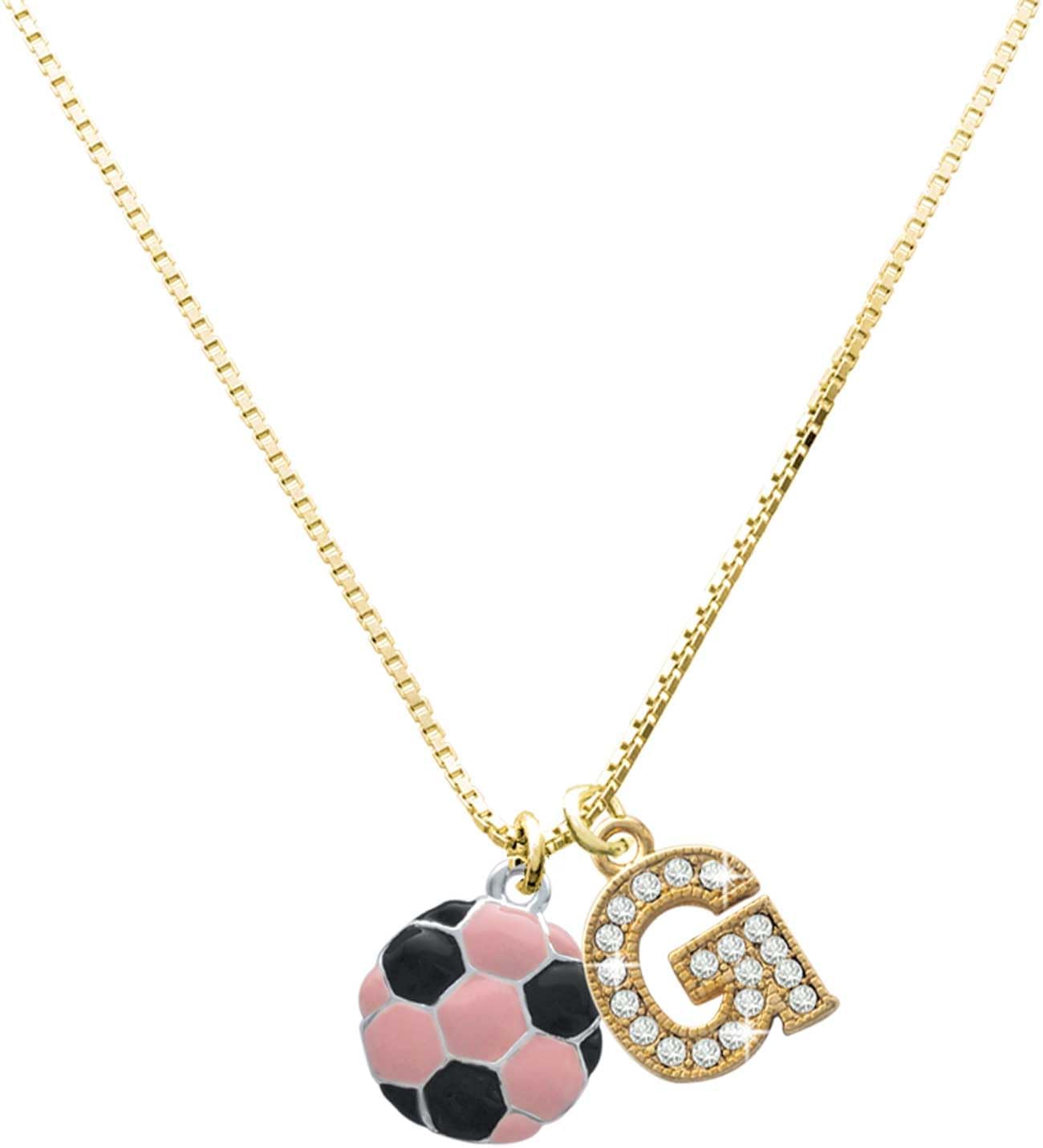 Delight Jewelry Silvertone Enamel Pink Soccer ball Goldtone Crystal Initial Charm Necklace, 17.5"+2"