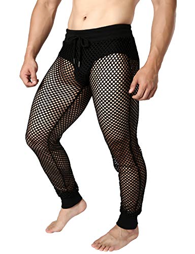 JOGAL Men's Mesh Fishnet See Through Pants Stretchy Muscle Leggings2