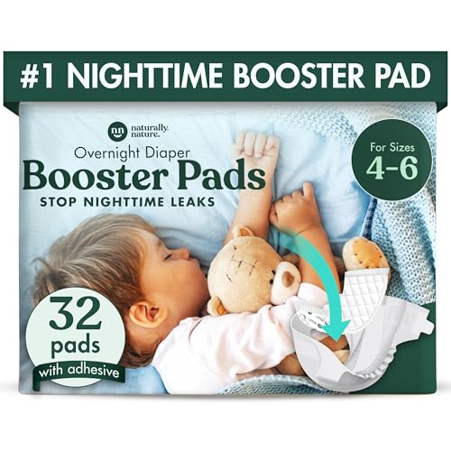 Naturally Nature Overnight Diaper Booster Pads, Stops Overnight Leaking, Diaper Liners for Toddler, Nighttime Diapers Size 5, Adhesive Pad for Girls, Boys, 32 ct.