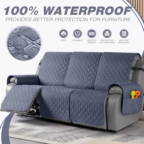 Image of TAOCOCO 100% Waterproof Recliner Covers, Recliner Sofa Covers with Leg Straps, Reversible Recliner Couch Cover for Reclining Chair, Washable Couch Protector for Pets Kids(3 Seater, Bluish Gray)