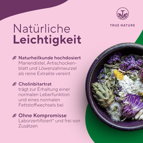 Leber Komplex - Testsieger-Online 11/25 - 180 Kapseln mit Mariendistel, Artischocke, Löwenzahn & Cholin – mit 480 mg Silymarin – Unterstützt die Leber durch Cholin* – TRUE NATURE