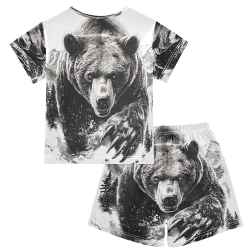 ALAZA Bear Black White Pajamas Set Short Sleeve Cotton Sleepwear Summer Pjs 2 Piece 5-14Y2